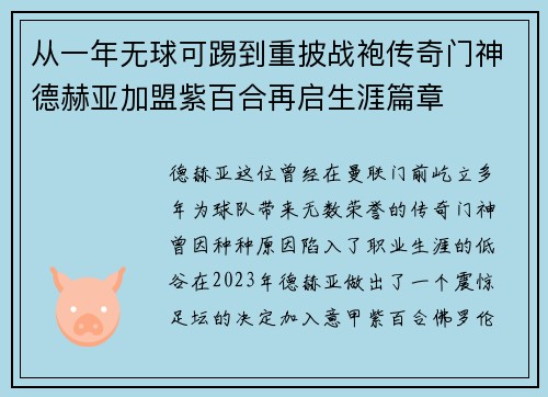 从一年无球可踢到重披战袍传奇门神德赫亚加盟紫百合再启生涯篇章