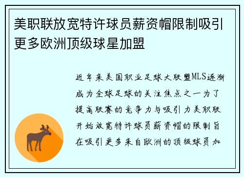美职联放宽特许球员薪资帽限制吸引更多欧洲顶级球星加盟